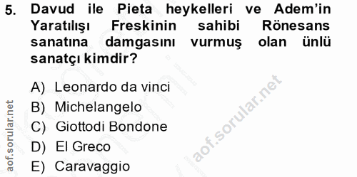 5. soru: Davud ile Pieta heykelleri ve Adem'in Yaratılışı Freskinin sahibi Rönesans sanatına damgasını vurmuş olan ünlü sanatç…