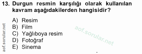 13. soru: Durgun resmin karşılığı olarak kullanılan kavram aşağıdakilerden hangisidir? A) Resim B) Film C) Yağlıboya resim D) F…