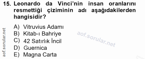 15. soru: Leonardo da Vinci'nin insan oranlarını resmettiği çiziminin adı aşağıdakilerden hangisidir? A) Vitruvius Adamı B) Kit…