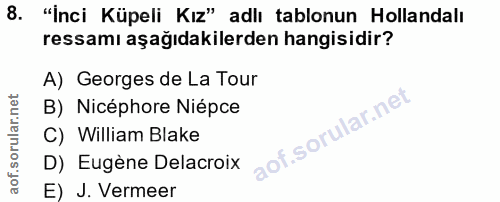 8. soru: "İnci Küpeli Kız" adlı tablonun Hollandalı ressamı aşağıdakilerden hangisidir? A) Georges de La Tour B) Nicéphore Nié…