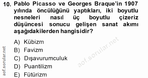 10. soru: Pablo Picasso ve Georges Braque'in 1907 yılında öncülüğünü yaptıkları, iki boyutlu nesneleri nasil boyutlu çizeriz dü…