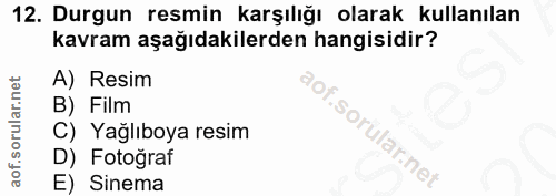 12. soru: Durgun resmin karşılığı olarak kullanılan kavram aşağıdakilerden hangisidir? A) Resim B) Film C) Yağlıboya resim f. D…