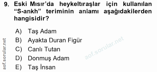 9. soru: Eski Mısır'da heykeltıraşlar için kullanılan "S-ankh" teriminin anlamı aşağıdakilerden hangisidir? A) Taş Adam B) Aya…