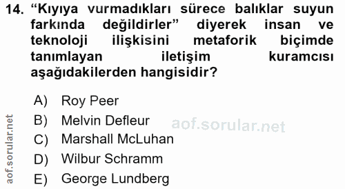 14. soru: "Kıyıya vurmadıkları sürece balıklar suyun farkında değildirler" diyerek insan ve teknoloji ilişkisini metaforik biçi…