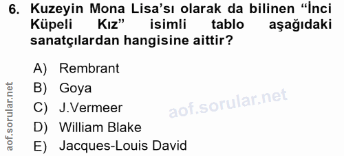 6. soru: Kuzeyin Mona Lisa'sı olarak da bilinen "İnci Küpeli KIZ" isimli tablo aşağıdaki sanatçılardan hangisine aittir? A) Re…