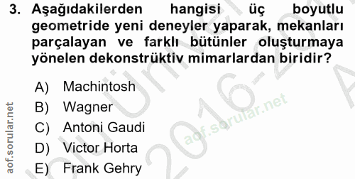 3. soru: Aşağıdakilerden hangisi üç boyutlu geometride yeni deneyler yaparak, mekanları parçalayan ve farklı bütünler oluşturm…