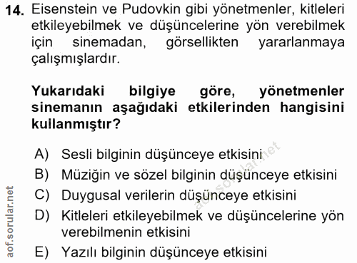 14. soru: Esenstein ve Pudovkin gibi yönetmenler, kitleleri etkileyebilmek ve düşüncelerine yön verebilmek için sinemadan, görs…