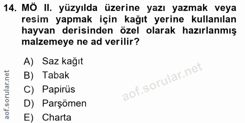 14. soru: MO II. yüzyılda üzerine yazı yazmak veya resim yapmak için kağıt yerine kullanılan hayvan derisinden özel olarak hazı…