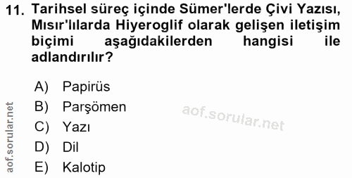 11. soru: Tarihsel süreç içinde Sümer'lerde Çivi Yazısı, Mısır'lılarda Hiyeroglif olarak gelişen iletişim biçimi aşağıdakilerde…