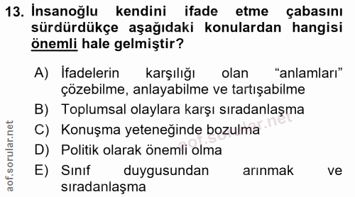 13. soru: Insanoğlu kendini ifade etme çabasını sürdürdükçe aşağıdaki konulardan hangisi önemli hale gelmiştir? A) Ifadelerin k…