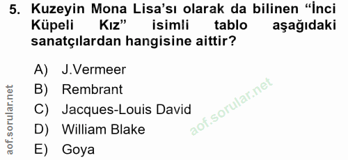 5. soru: Kuzeyin Mona Lisa'sı olarak da bilinen "İnci Küpeli Kız" isimli tablo aşağıdaki sanatçılardan hangisine aittir? A) J.…