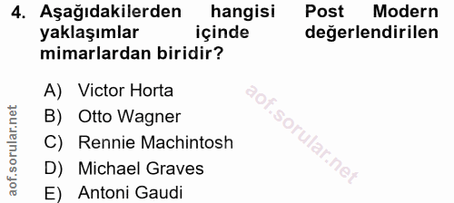 4. soru: Aşağıdakilerden hangisi Post Modern yaklaşımlar içinde değerlendirilen mimarlardan biridir? A) Victor Horta B) Otto W…