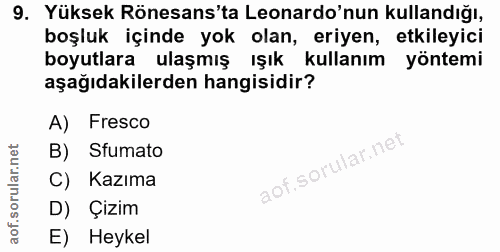 9. soru: Yüksek Rönesans'ta Leonardo'nun kullandığı, boşluk içinde yok olan, eriyen, etkileyici boyutlara ulaşmış ışık kullanı…