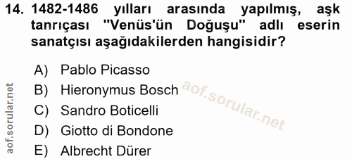 14. soru: 1482-1486 yılları arasında yapılmış, aşk tanrıçası "Venüs'ün Doğuşu" adlı eserin sanatçısı aşağıdakilerden hangisidir…