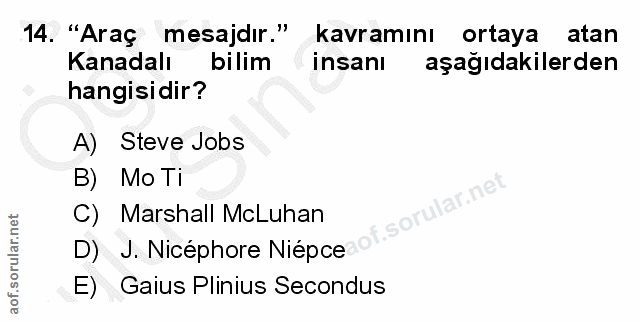 14. soru: "Araç mesajdır." kavramını ortaya atan Kanadalı bilim insanı aşağıdakilerden hangisidir? A) Steve Jobs B) Mo Ti C) Ma…