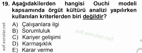 19. soru: Aşağıdakilerden hangisi Ouchi modeli kapsamında örgüt kültürü analizi yapılırken kullanılan kriterlerden biri değildi…