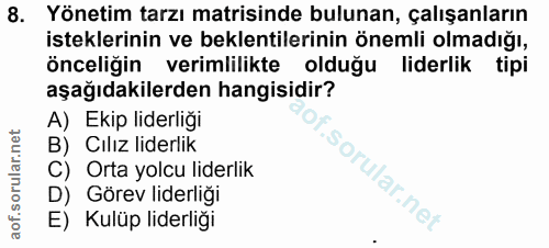 8. soru: Yönetim tarzı matisinde bulunan, çalışanların isteklerinin ve beklentilerinin önemli olmadığı, önceliğin verimlilikte…