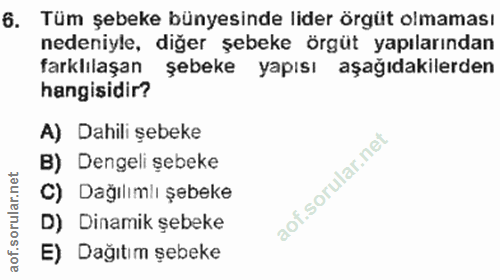 6. soru: Tüm şebeke bünyesinde lider örgüt olmaması nedeniyle, diğer şebeke örgüt yapılarından farklılaşan şebeke yapısı aşağı…