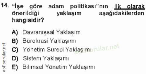 14. soru: "İşe göre adam politikası"nın ilk olarak önerildiği yaklaşım aşağıdakilerden hangisidir? A) Davranışsal Yaklaşım B) B…