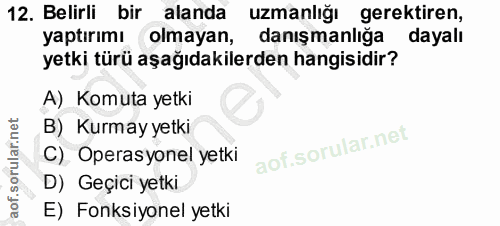 12. soru: Belirli bir alanda uzmanlığı gerektiren, yaptırımı olmayan, danışmanlığa dayalı yetki türü aşağıdakilerden hangisidir…
