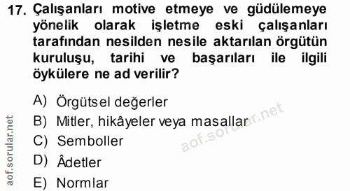 17. soru: Çalışanları motive etmeye ve güdülemeye yönelik olarak işletme eski çalışanları tarafından nesilden nesile aktarılan…