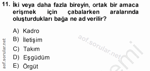 11. soru: İki veya daha fazla bireyin, ortak bir amaca erişmek için çabalarken aralarında oluşturdukları bağa ne ad verilir? A)…