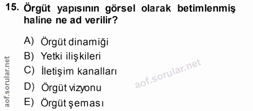 15. soru: Örgüt yapısının görsel olarak betimlenmiş haline ne ad verilir? A) Örgüt dinamiği B) Yetki ilişkileri C) İletişim kan…
