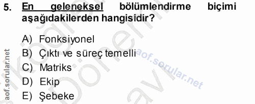5. soru: En geleneksel bölümlendirme biçimi aşağıdakilerden hangisidir? A) Fonksiyonel C) Matriks B) Çıktı ve süreç temelli o1…