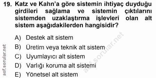 19. soru: Katz ve Kahn'a göre sistemin ihtiyaç duyduğu girdileri sağlama ve sistemin çıktılarını sistemden uzaklaştırma işlevle…