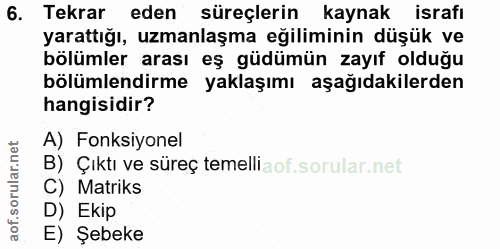 6. soru: Tekrar eden süreçlerin kaynak israfı yarattığı, uzmanlaşma eğiliminin düşük ve bölümler arası eş güdümün zayıf olduğu…