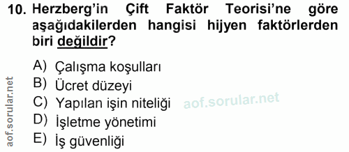 10. soru: Herzberg'in Çift Faktör Teorisi'ne göre aşağıdakilerden hangisi hijyen faktörlerden biri değildir? A) Çalışma koşulla…