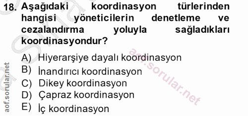 18. soru: Aşağıdaki koordinasyon türlerinden hangisi yöneticilerin denetleme ve cezalandırma yoluyla sağladıkları koordinasyond…