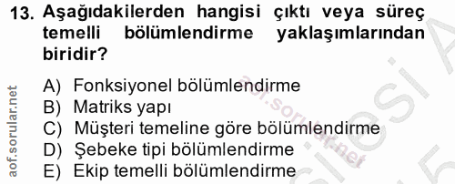 13. soru: Aşağıdakilerden hangisi çıktı veya süreç temelli bölümlendirme yaklaşımlarından biridir? A) Fonksiyonel bölümlendirme…
