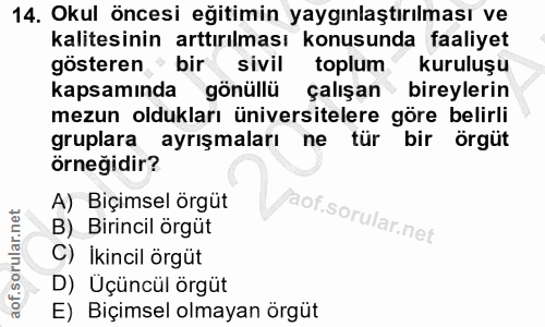 14. soru: Okul öncesi eğitimin yaygınlaştırılması ve kalitesinin arttırılması konusunda faaliyet gösteren " bir sivil toplum ku…