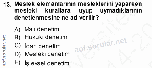 13. soru: Meslek elemanlarının mesleklerini yaparken mesleki kurallara uyup uymadıklarının denetlenmesine ne ad verilir? A) Mal…