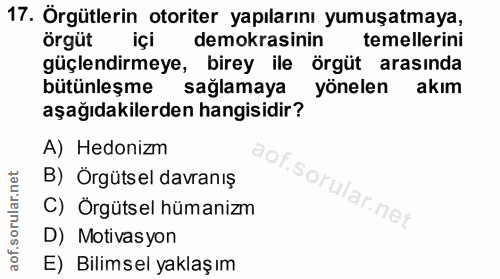 17. soru: Örgütlerin otoriter yapılarını yumuşatmaya, örgüt içi demokrasinin temellerini güçlendirmeye, birey ile örgüt arasınd…