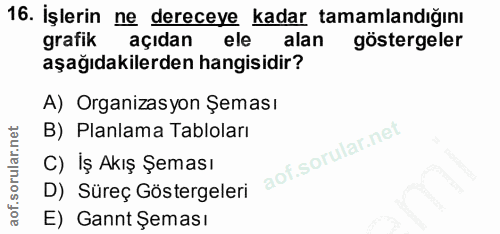16. soru: İşlerin ne dereceye kadar tamamlandığını grafik açıdan ele alan göstergeler aşağıdakilerden hangisidir? A) Organizasy…