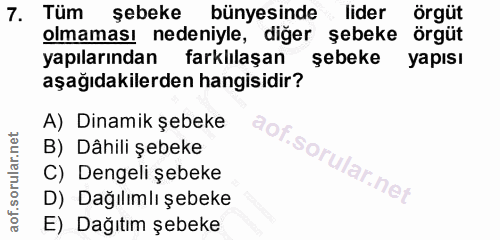 7. soru: Tüm şebeke bünyesinde lider örgüt olmaması nedeniyle, diğer şebeke örgüt yapılarından farklılaşan şebeke yapısı aşağı…