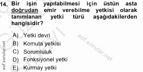 14. soru: Bir işin yapılabilmesi için üstün asta doğrudan emir verebilme yetkisi olarak tanimlanan yetki türü aşağıdakilerden h…