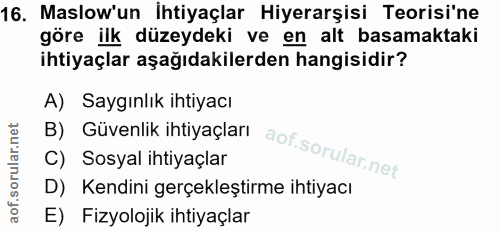 16. soru: Maslow'un İhtiyaçlar Hiyerarşisi Teorisi'ne göre ilk düzeydeki ve en alt basamaktaki ihtiyaçlar aşağıdakilerden hangi…