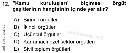 12. soru: "Kamu kuruluşları" biçimsel örgüt çeşitlerinin hangisinin içinde yer alır? A) Birincil örgütler B) İkincil örgütler C…