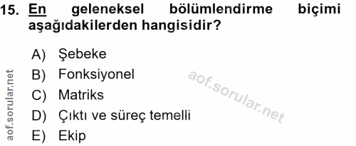 15. soru: En geleneksel bölümlendirme biçimi aşağıdakilerden hangisidir? A) Şebeke B) Fonksiyonel C) Matriks D) Çıktı ve süreç…