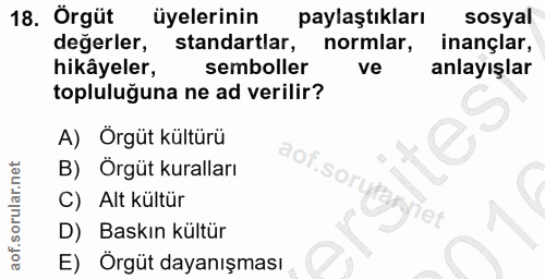 18. soru: Örgüt üyelerinin paylaştıkları sosyal değerler, standartlar, normlar, inançlar, hikâyeler, semboller ve anlayışlar to…