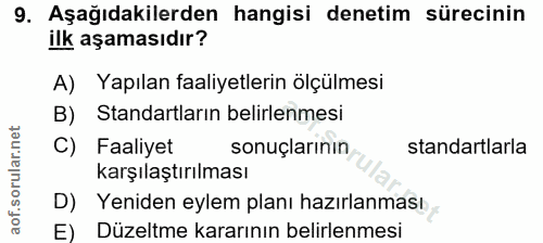 9. soru: Aşağıdakilerden hangisi denetim sürecinin ilk aşamasıdır? A) Yapılan faaliyetlerin olçülmesi B) Standartların belirle…