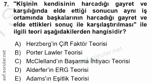 7. soru: "Kişinin kendisinin harcadığı gayret ve karşılığında elde ettiği sonucun aynı iş ortamında başkalarının harcadığı gay…