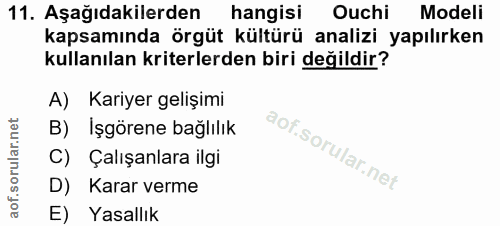 11. soru: Aşağıdakilerden hangisi Ouchi Modeli kapsamında örgüt kültürü analizi yapılırken kullanılan kriterlerden biri değildi…