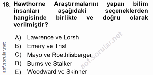 18. soru: Hawthorne Araştırmalarını yapan bilim insanları aşağıdaki seçeneklerden hangisinde birlikte ve doğru olarak verilmişt…