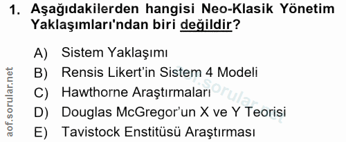 1. soru: Aşağıdakilerden hangisi Neo-Klasik Yönetim Yaklaşımları'ndan biri değildir? A) Sistem Yaklaşımı B) Rensis Likert'in S…