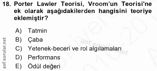 18. soru: Porter Lawler Teorisi, Vroom'un Teorisi'ne ek olarak aşağıdakilerden hangisini teoriye eklemiştir? A) Tatmin B) Çaba…