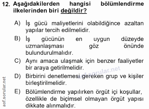 12. soru: Aşağıdakilerden hangisi bölümlendirme ilkelerinden biri değildir? A) Iş gücü maliyetlerini olabildiğince azaltan yapı…